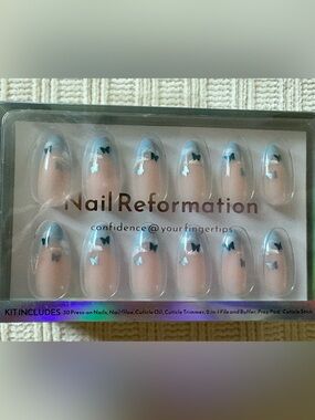 New Nail Reformation Nude Press-On Nails with Blue Butterfly Tips